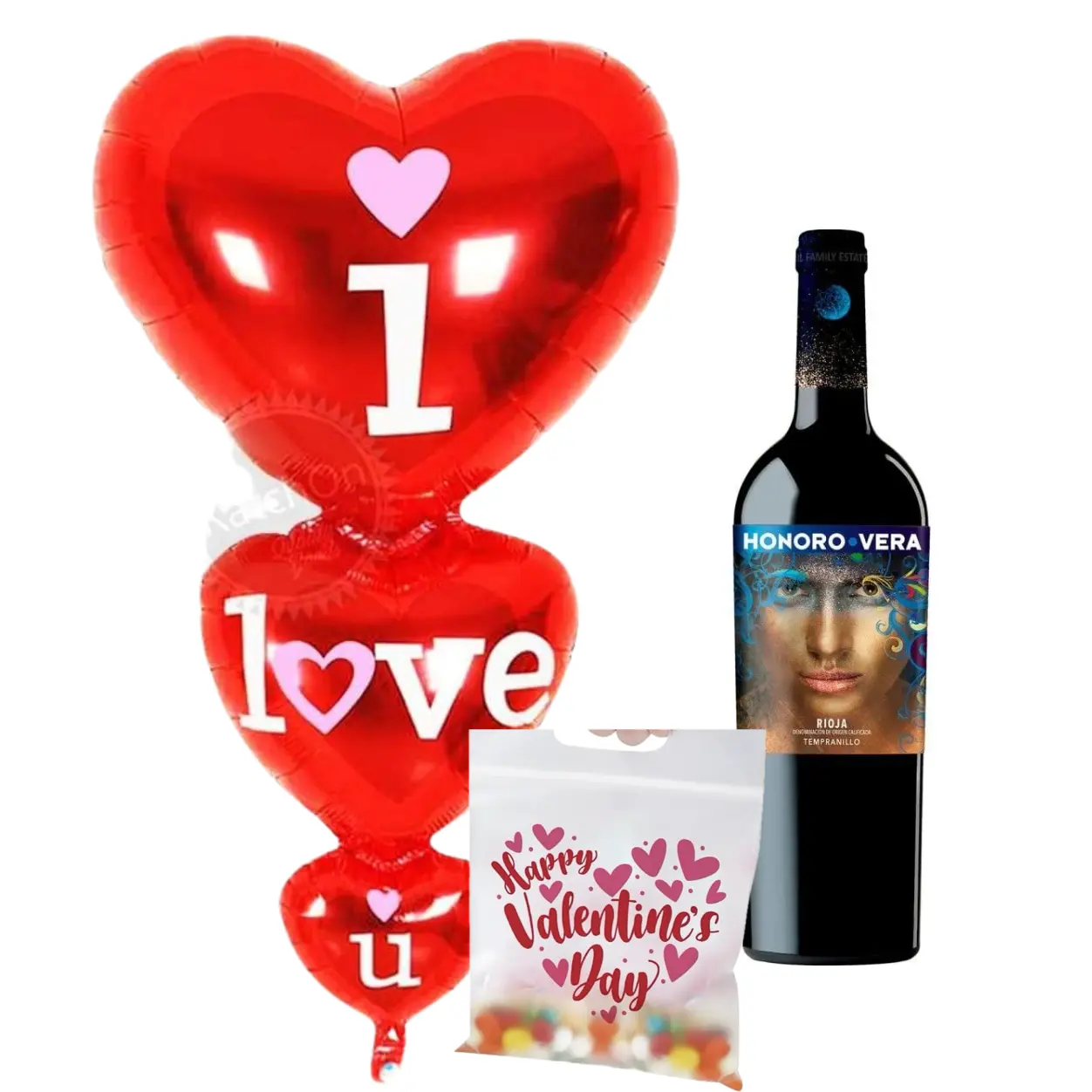 3 Corazones + Caramelos + Vino Tinto